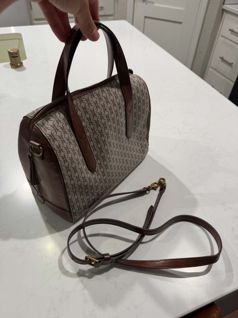 Fossil Brown Monogram Dome Satchel with Detachable Strap